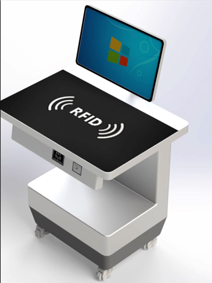 RFID vertikal arbejdsstation selv- service låne- og returneringsmaskine selvbetjeningsterminal UHF vertikal læse- og afregningsplatform producent 2