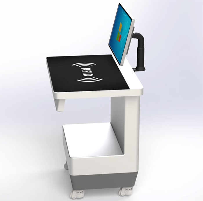 RFID lodret arbejdsstation selv- service låne- og returneringsmaskine selvbetjeningsterminal UHF vertikal læse- og afregningsplatform producent 6